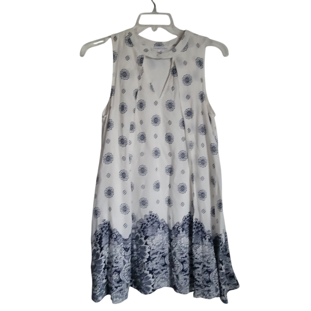 Retro Loveriche Dress Size M Mini White Navy Geo Lined Pleats Boho Chic Whimsy